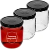 Frasco TO 425 ml com estampado «Delícia caseira» e tampa preta Ø 82 - 3 unidades ['frascos com estampado', ' frascos decorativos', ' frascos com tampa', ' frascos para conservas', ' frascos elegantes', ' frascos para compotas', ' frasco com estampado', ' frasco com grafismo', ' frascos para conservas', ' frascos para a despensa', ' frasco 500 ml']