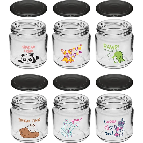 Conjunto de 6 frascos para crianças twist-off 212 ml com impressão e tampa fi 66/4 - 2