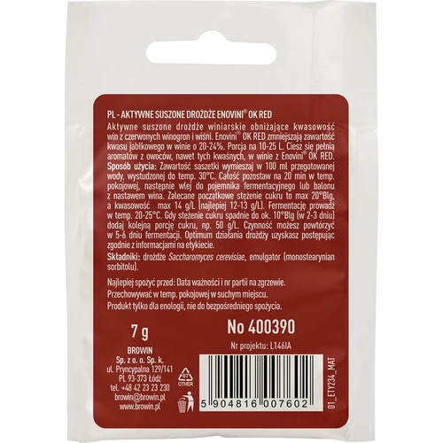 Enovini® OK RED - levedura enológica redutora de acidez 7 g - 2