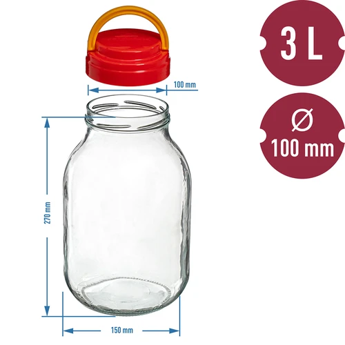 Frasco TO 3 L com tampa plástica + pinças fi 100 - 6