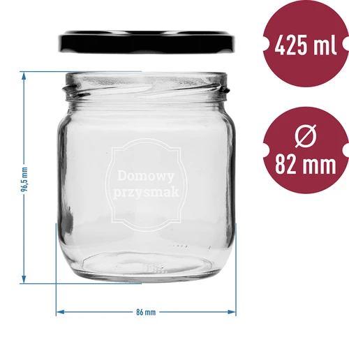 Frasco TO 425 ml com estampado «Delícia caseira» e tampa preta Ø 82 - 3 unidades - 6