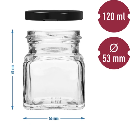 Frasco twist-off 120 ml - Quadrado TO 53 com tampa preta, 6 un. - 6
