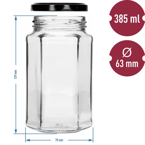 Frasco twist-off 385 ml com tampa preta Ø 63, 6 un. - 7
