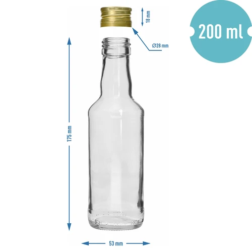 Garrafa clássica para destilados 200 ml, com tampa dourada fi 28, 1 un. - 5