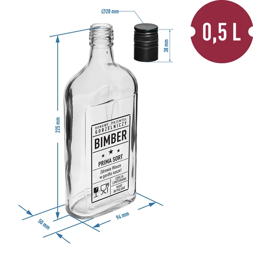 Garrafa chata 500 ml com tampa de rosca, estampagem “Bimber PRL”, 1 unidade - 5