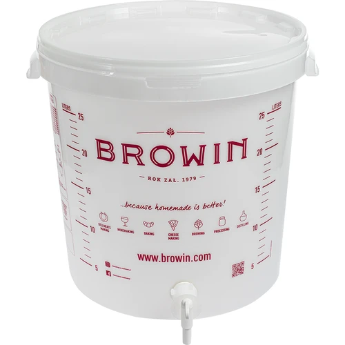 Recipiente de fermentação 30 L, branco com impressão, torneira e 2 borbulhadores - j.EN