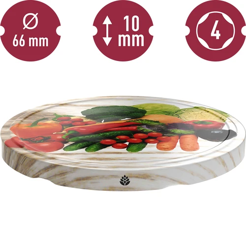 Tampa de rosca Ø 66/4 com motivos de legumes em fundo branco - 10 unidades - 3