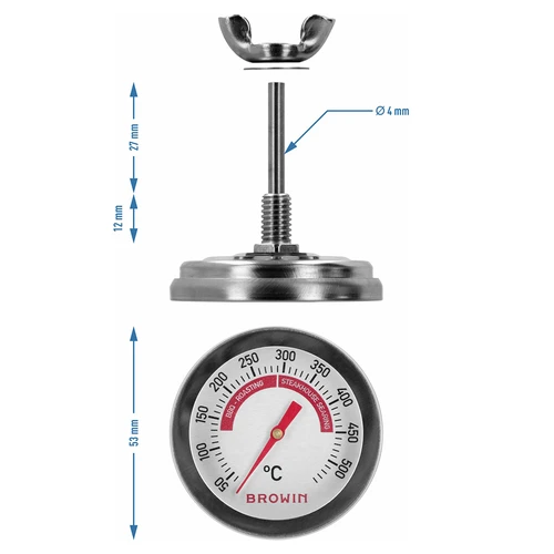 Termómetro para grelhador e BBQ, de 50 a +500°C, bimetálico, 5,3cm - 7