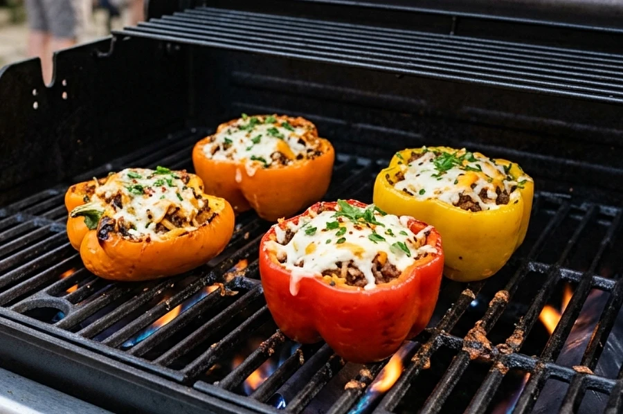 Pimentos recheados no grelhador a gás
