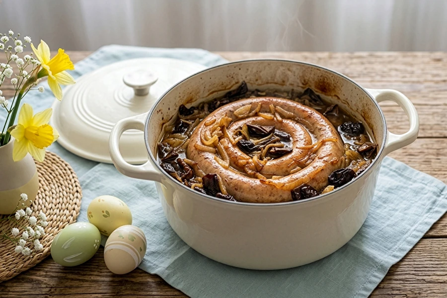 Browin Przepiśnik - Salsicha branca enrolada, assada com cogumelos e ameixa fumada